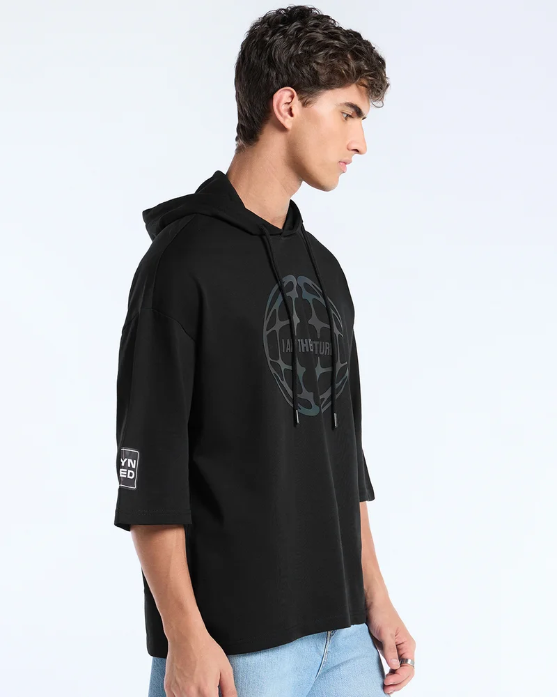بيواكوف Men's Jet Black Future Graphic Printed Oversized Hoodie T-shirt